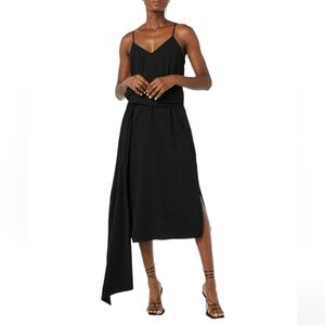 Making the Cut Crepe Sash Wrapped Designer Black Formal Midi Dress NWT